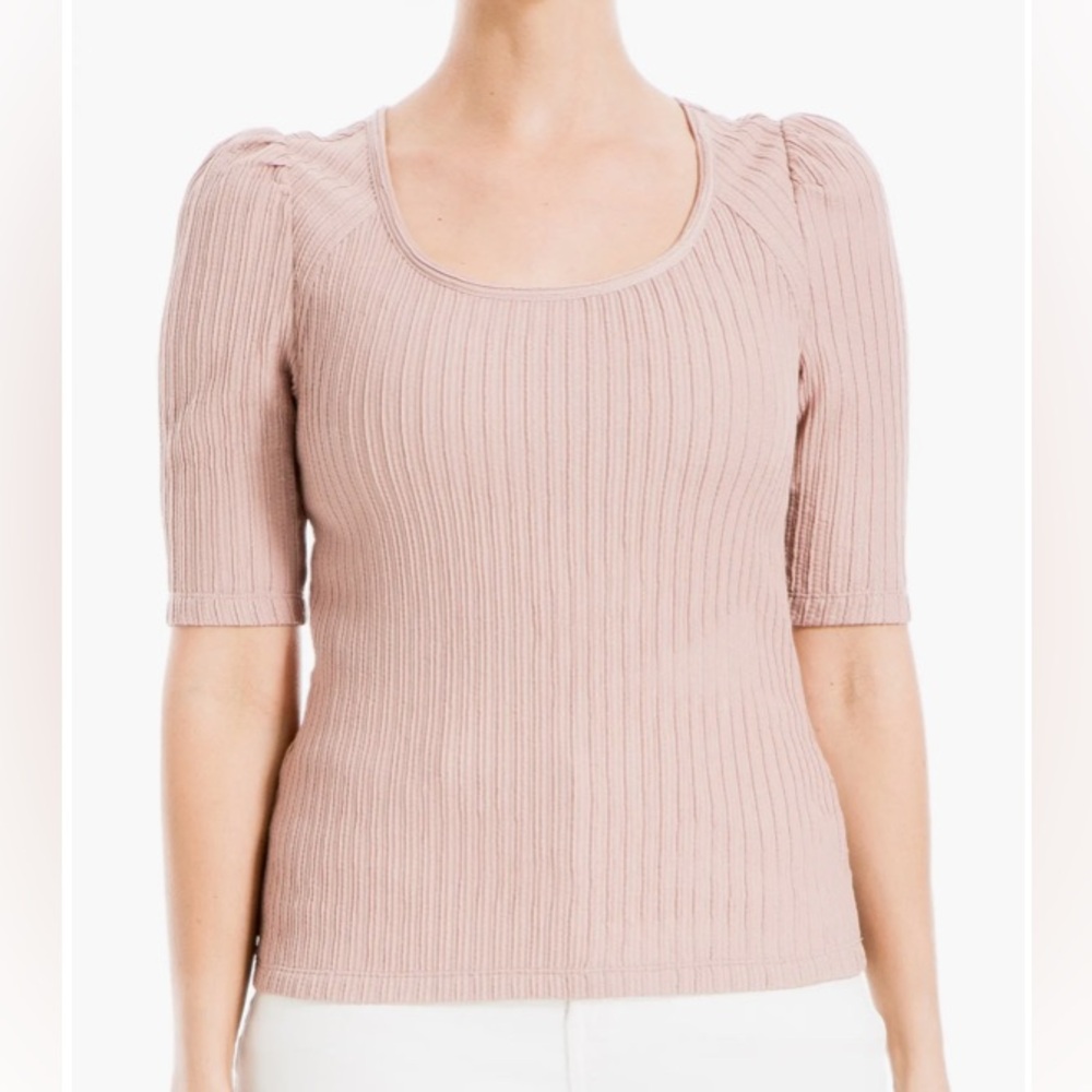 Max Studio NWT Rib Knit Short Puff Sleeve Top Blush Pink sz Small $118
